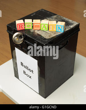 UK ballot box and childs' ABC blocks stating 'Remain' in reference to the referendum on EU membership for Britain. Stock Photo
