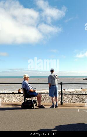 Elderly gentlemen looking out to sea on Sidmouth seafront in summer Stock Photo