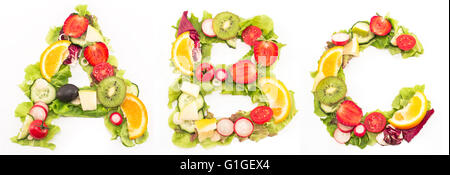 Alphabet  healthy food made of salad and fruits. Stock Photo