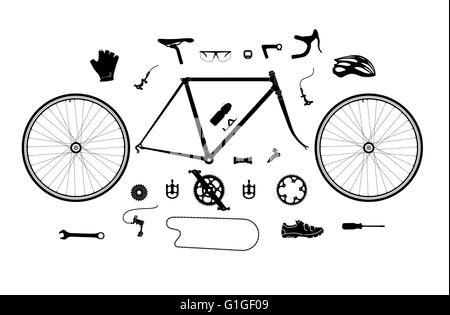 Road bicycle parts and accessories silhouette set, elements for infographic, etc Stock Vector