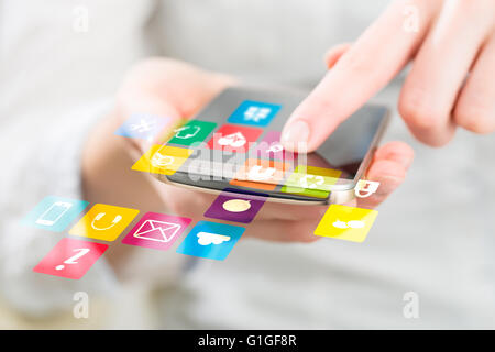 Social media network concept on phone. Stock Photo