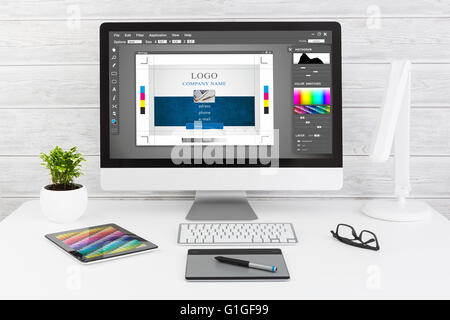 Graphic designer at work. Color swatch samples. Stock Photo