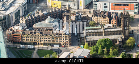 Aerial photo of Manchester Corn Exchange, Manchester Cathedral and Urbis Stock Photo