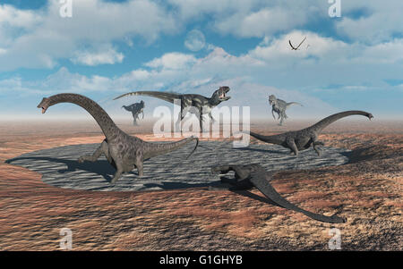 Juvenile Diplodocus Sauropods Caught In A Mud Pit , Attracting The Attention Of Carniverous Allosaurus Dinosaurs Stock Photo