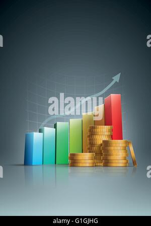 Vector stacked golden coins and colorful bar graph. Vector illustration. Stock Vector
