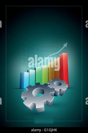 Vector working gears and colorful bar graph. Elements are layered separately in vector file. Stock Vector