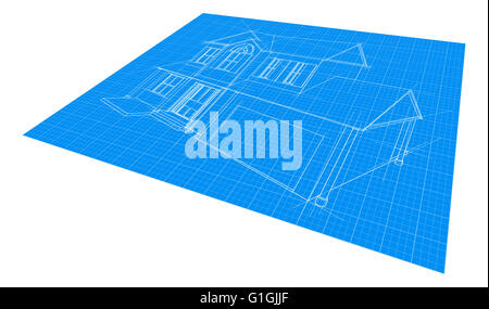 A house blueprint drawing at a diagonal perspective angle Stock Photo