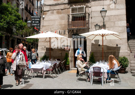 Tourists sitting on terrace. Las Cuevas de Luis Candelas restaurant, Madrid, Spain. Stock Photo