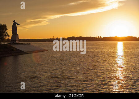 Mother Volga statue at sunset, River Volga, Rybinsk Reservoir, Volga-Baltic Waterway, Russia. Stock Photo