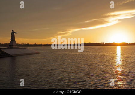 Mother Volga statue at sunset, River Volga, Rybinsk Reservoir, Volga-Baltic Waterway, Russia. Stock Photo