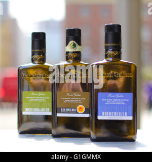 A selection of 3 different oils sat on a marble table in central London. Stock Photo