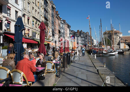 Outdoor restaurants along Saint Catherine Quay in Vieux Bassin, Honfleur, Normandy, France, Europe Stock Photo