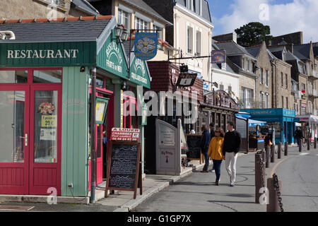 Seafood restaurants along harbour, Cancale, Brittany, France, Europe Stock Photo