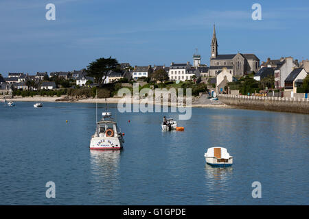 View of port and church, Ile de Batz, near Roscoff, Finistere, Brittany, France, Europe Stock Photo