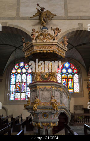 Elaborate pulpit inside the parish church, Saint-Thegonnec, Finistere, Brittany, France, Europe Stock Photo