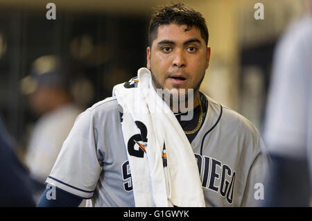May 14, 2016: San Diego Padres catcher Hector Sanchez #44 during the Major League Baseball game between the Milwaukee Brewers and the San Diego Padres at Miller Park in Milwaukee, WI. John Fisher/CSM Stock Photo