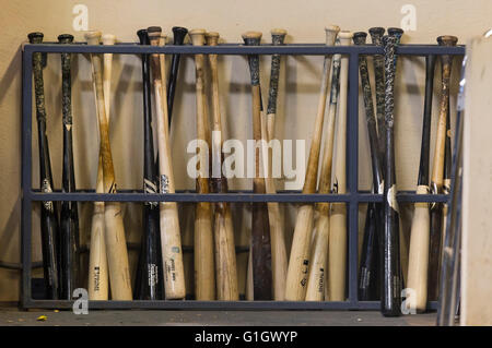 May 14, 2016: The San Diego bat rack during the Major League Baseball game between the Milwaukee Brewers and the San Diego Padres at Miller Park in Milwaukee, WI. John Fisher/CSM Stock Photo