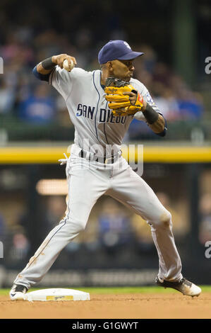 May 14, 2016: San Diego Padres shortstop Alexei Ramirez #10 turns a double play in the Major League Baseball game between the Milwaukee Brewers and the San Diego Padres at Miller Park in Milwaukee, WI. John Fisher/CSM Stock Photo