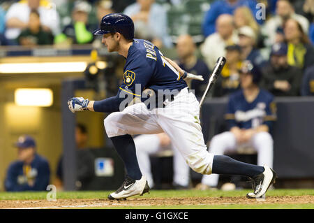 May 14, 2016: Milwaukee Brewers center fielder Alex Presley #15 gets an infield hit which scored two Brewer runners to tie the game in the 8th inning of the Major League Baseball game between the Milwaukee Brewers and the San Diego Padres at Miller Park in Milwaukee, WI. John Fisher/CSM Stock Photo