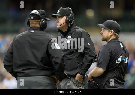 May 14, 2016: Umpire Jeff Nelson awaits the call during a replay in the Major League Baseball game between the Milwaukee Brewers and the San Diego Padres at Miller Park in Milwaukee, WI. John Fisher/CSM Stock Photo