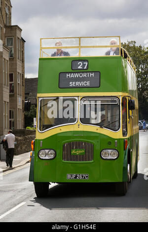 1965 60s Southdown Leyland Titan PD3 267 bus at the Keighley & Worth War time weekend. Haworth Village comes alive when the 1940s comes to the Worth Valley. Thousands of people throng the village, many in ’40s civilian and forces dress to celebrate britishness and the allied victory over the Axis states.  The Haworth 1940s Weekend features a collection of vintage, classic vehicles of the period. Stock Photo