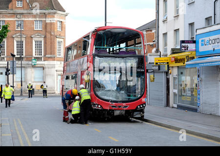 London, UK, 15th May 2016. A double decker route 18 crashed into a shop in Harlesden, leaving at least 17 people injured. Credit: Yanice Idir / Alamy Live News Stock Photo