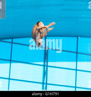Aquatics Centre, Olympic Park, London, UK. 15th May 2016. German Sascha Klein during his 1st round Inward 3-1/2 Somersaults Tuck. Brit Tom Daley wins gold with 570.50 points, ahead of Viktor Minibaev from Russia with 424.60 points and a second Russian, Nikita Shleikher with 480.90 points at the  European Diving Championships, LEN European Aquatics Championships, London, UK. Credit:  Imageplotter News and Sports/Alamy Live News Stock Photo