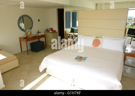 HERAKLION, CRETE, GREECE - MAY 13, 2014: The Interior room with big bed in modern building of luxury class hotel Stock Photo