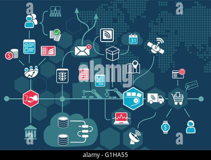Cloud computing concept with various connected devices within business workflow of internet of things Stock Vector
