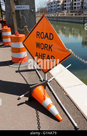 Road work ahead sign. Stock Photo