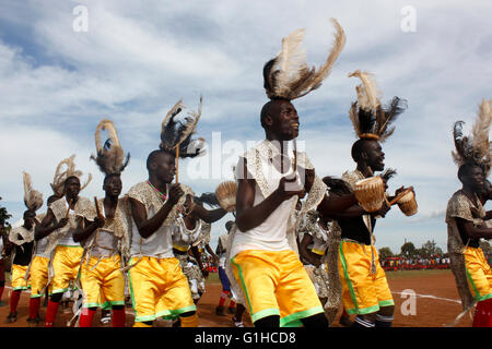 Traditional dancers entertain guests in Uganda, Kampala. Music and dance are very crucial elements of African society. Stock Photo