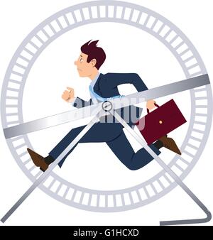 Vector illustration of a stressed businessman in a suit with a briefcase running in a hamster wheel Stock Vector