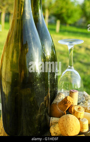 Old used vine corks, cider bottles and glass in the garden Normandy France Stock Photo