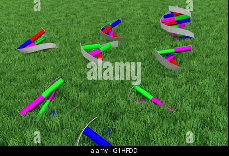 DNA double helices growing through rendered grass. Stock Photo