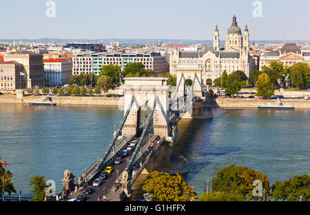 Traffic on Szechenyi Chain Bridge in Budapest, Hungary Stock Photo