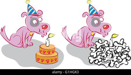 vector illustration of a dog blowing out candles on birthday cake and bones Stock Vector