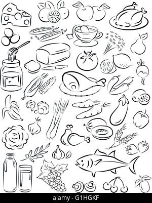 vector illustration of healthy food collection in line art food Stock Vector