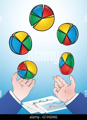 Vector Illustration of Businessman juggling Pie Charts. All elements are on separate layers for easy editing. Stock Vector