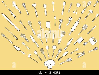 Vector illustration of cooking utensil set in line art mode Stock Vector