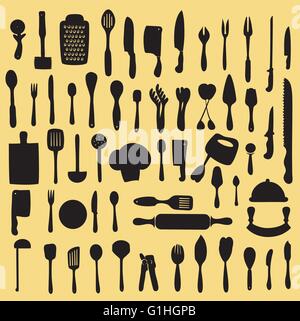 Vector illustration of cooking utensil set in silhouette mode Stock Vector