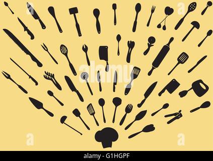 Vector illustration of cooking utensil set in silhouette mode Stock Vector