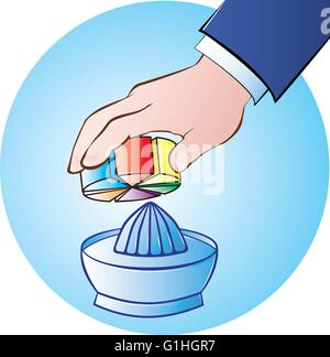 vector illustration of a hand of businessman juicing a pie chart wheel on blue background Stock Vector