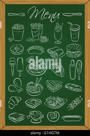 vector illustration of food icons drawn on green chalkboard Stock Vector