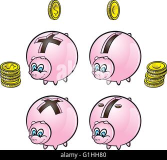 vector illustration of piggy banks with four arithmetical signs Stock Vector