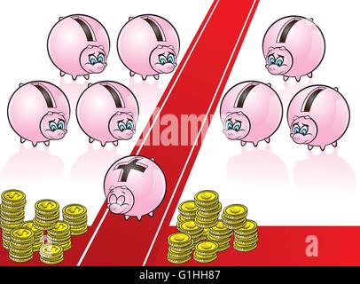 vector illustration of a piggy bank walking on red carpet Stock Vector