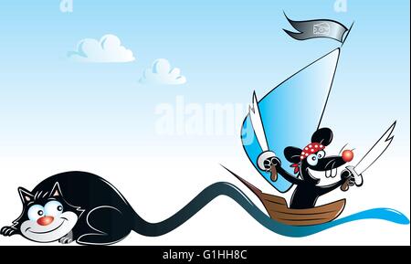 vector illustration of black pirate mouse sailing on tail of black cat Stock Vector