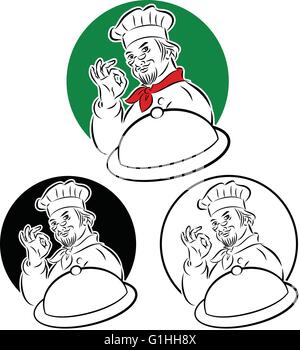 vector illustration of cook chef holding serving platter and doing excellent sign Stock Vector