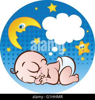 vector illustration of a cute sleeping baby boy sucking his thumb on night background Stock Vector