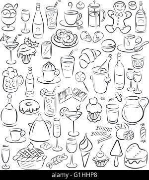 vector illustration of sweet food and drinks collection in line art mode Stock Vector