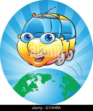 vector illustration of a chubby car around the earth globe The source of the map used for reference: https://www.cia.gov/library Stock Vector